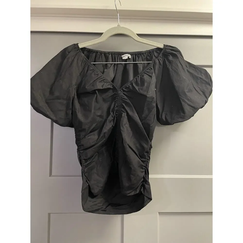 Reformation Sonny Organic Cotton Poplin Stretch Ruched Puff Short Sleeve Black 2